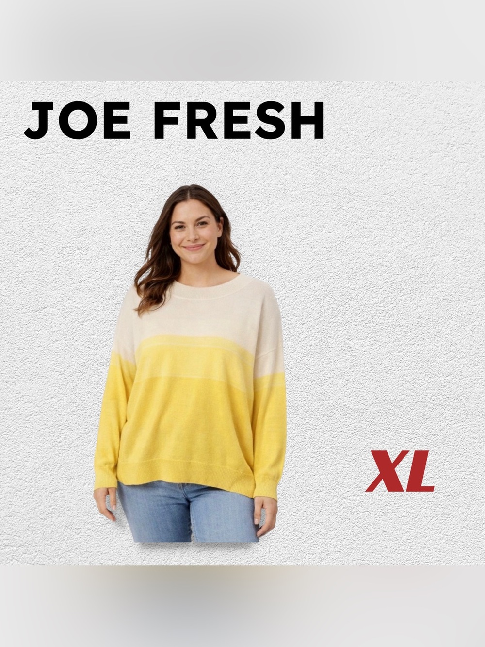 🇨🇦👍VGUC JOE FRESH | XL | White/Yellow colorblock Crew Neck soft knit sweater